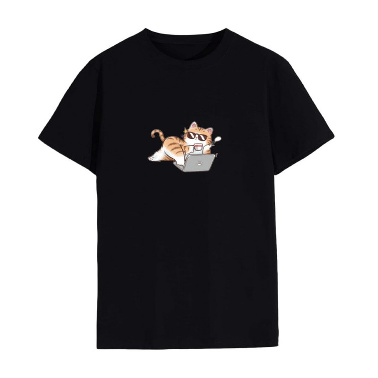 تی شرت لانگ زنانه مدل گربه و لپ تاپ
