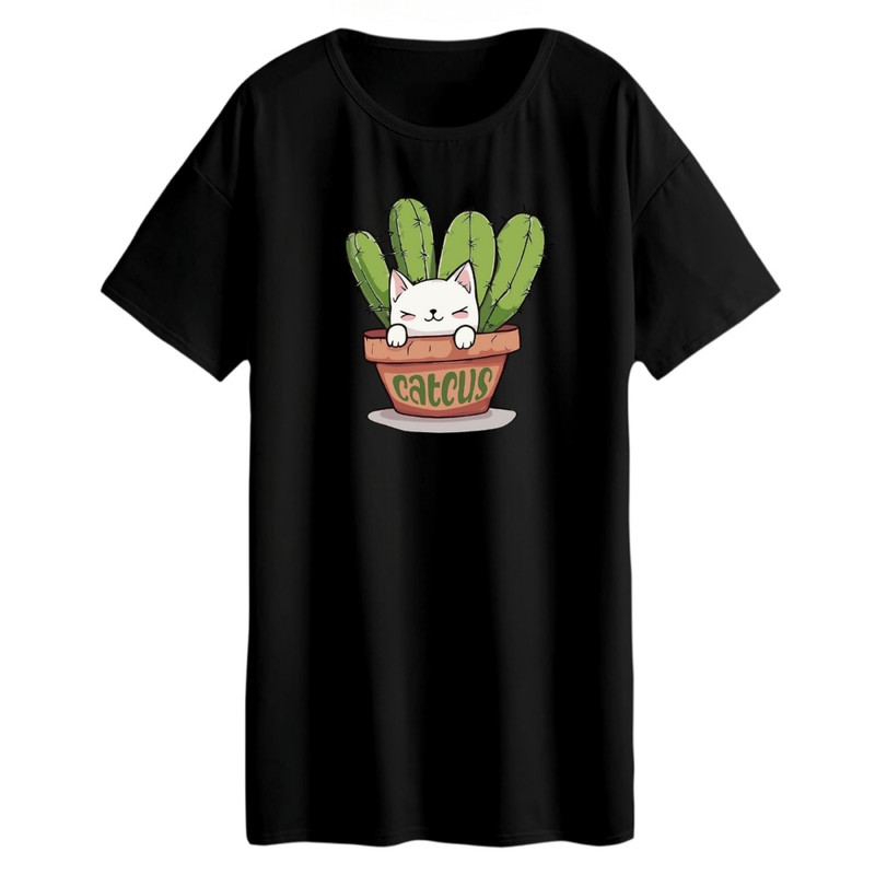 تی شرت لانگ زنانه مدل کاکتوس و گربه کد 2